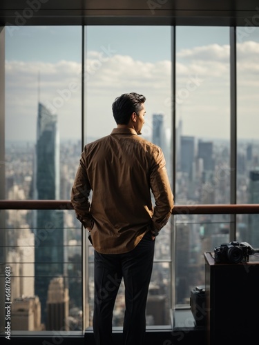 A professional trader stands at top of skyscraper. Generative AI