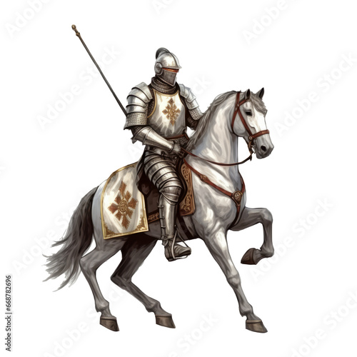 Medieval knight on white steed, isolated. © LomaPari2021
