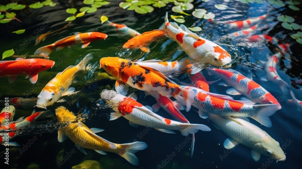 Vibrant koi carps swimming in a garden pond. Vibrant koi carps swimming in a garden pond.