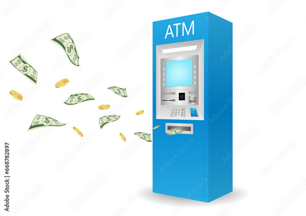ATM- Automated Teller Machine with Flying Cash Money and Coins. Saving and Investment Concept. Vector Illustration. ATM- Automated Teller Machine with Flying Cash Money and Coins. Saving and Investment Concept. Vector Illustration.
