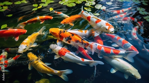 Vibrant koi carps swimming in a garden pond.