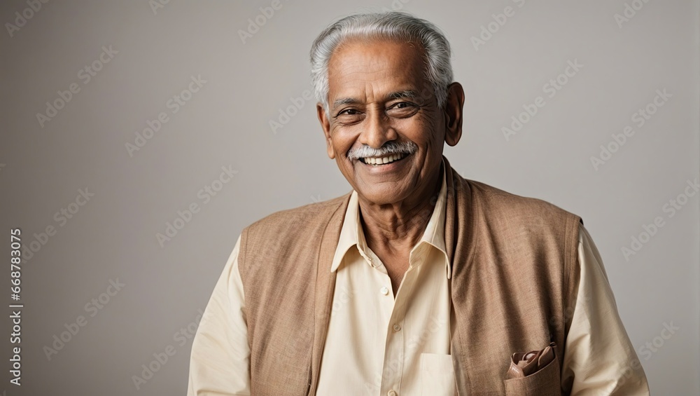 Old indian man smiling with plain white background Old indian man smiling with plain white background