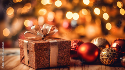 Christmas decoration, tree, ball, gift box, bokeh background © Ricardo Costa