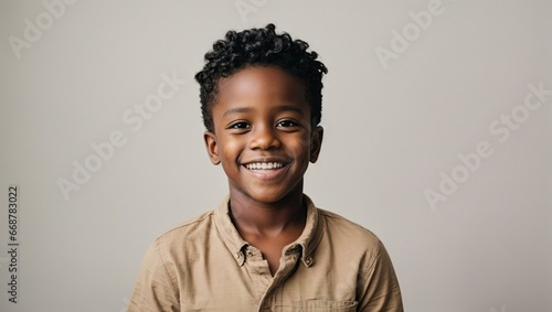 Young black boy smiling with plain white background 