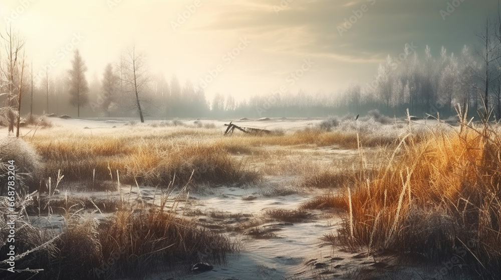 Winter landscape with a snowy meadow near the forest Winter landscape with a snowy meadow near the forest