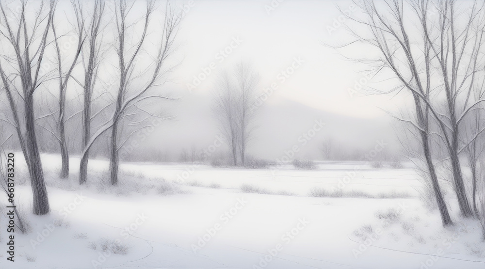Pencil drawing of a winter landscape with trees in a meadow Pencil drawing of a winter landscape with trees in a meadow