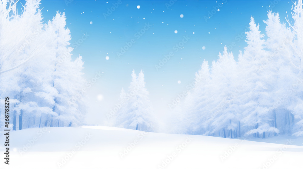 Fototapeta premium Winter background with snow-covered trees on the background of blue sky during snowfall