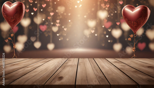 Valentines day background with heart shaped balloons and empty wooden table