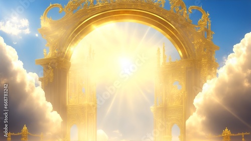 The golden gate in the clouds shining brightly, the entrance to the Kingdom of God. AI generation