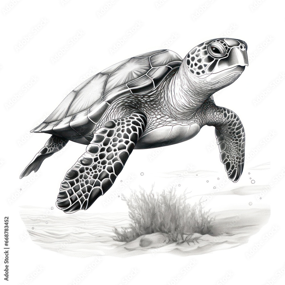 Obraz premium 1800s style illustration of Olive Ridley Turtle in vintage engraving on white background.
