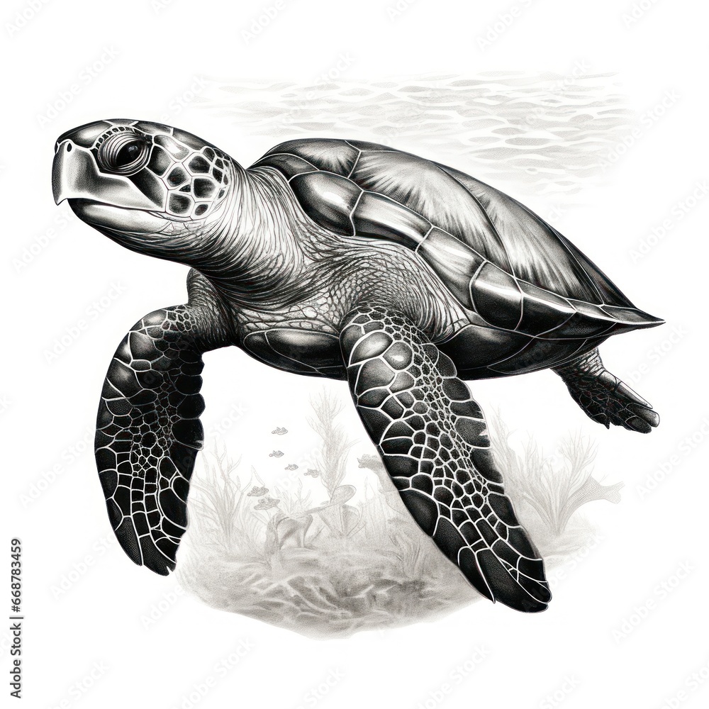 Fototapeta premium Vintage-style Engraving of Olive Ridley Turtle on White Background, reminiscent of 1800s Illustrations.
