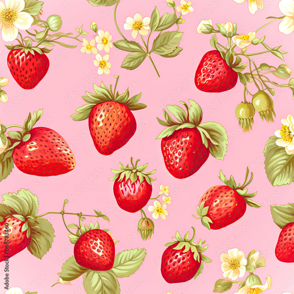 Summer's Sweet Symphony: A Strawberry and Flower Ensemble on a Pink Canvas,seamless pattern with strawberries