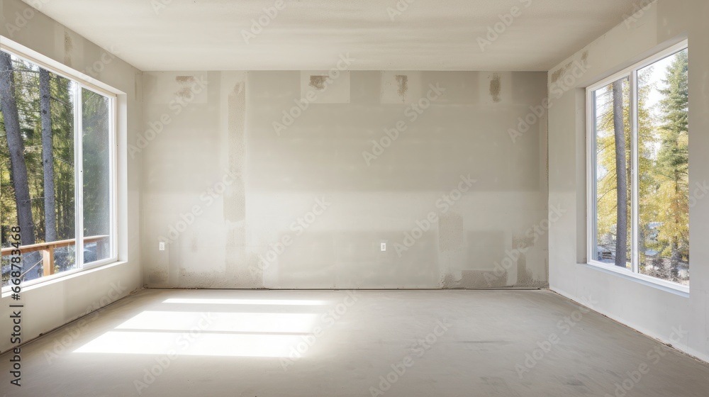 Empty room interior with gypsum board ceiling at house construction site. - obrazy, fototapety, plakaty 