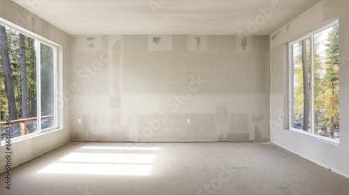 Empty room interior with gypsum board ceiling at house construction site.