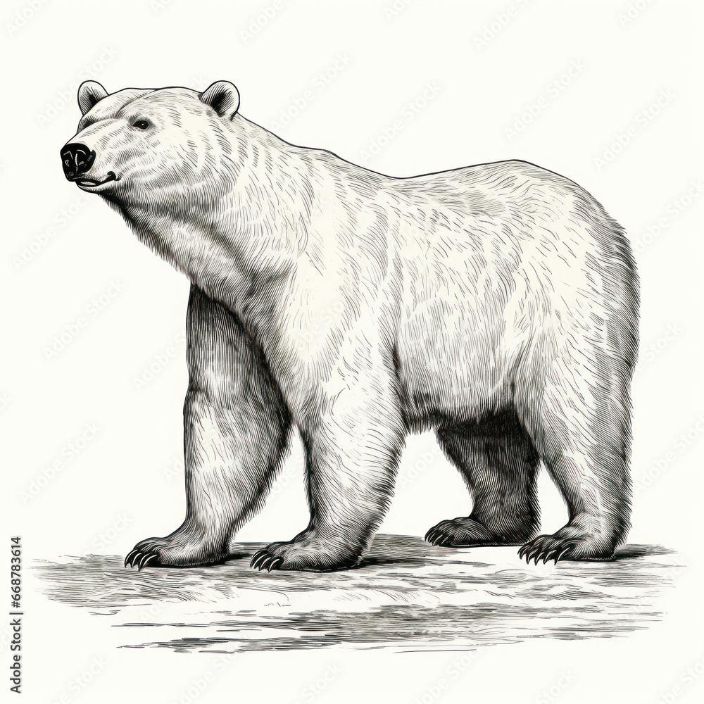 Fototapeta premium 1800s Style White Background Engraved Illustration of Vintage Polar Bear
