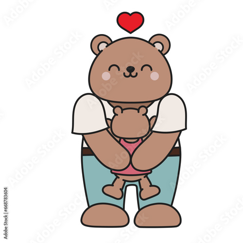 Cute cartoon bear hugging cub  brown bear. kawaii