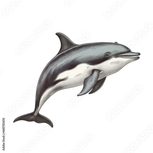 1800s style vintage engraving of Pygmy Killer Whale on white background.
