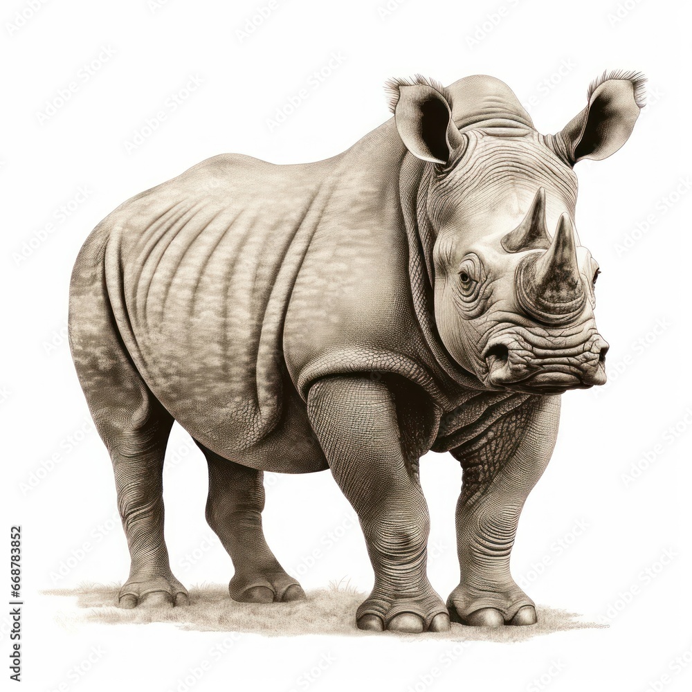 Fototapeta premium Vintage Rhino Engraving: 1800s Style on White