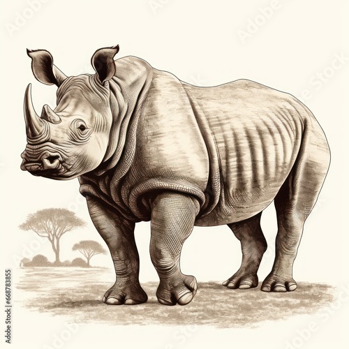 Vintage Rhino Engraving - 1800s Style Illustration on White Background for Classic Charm.