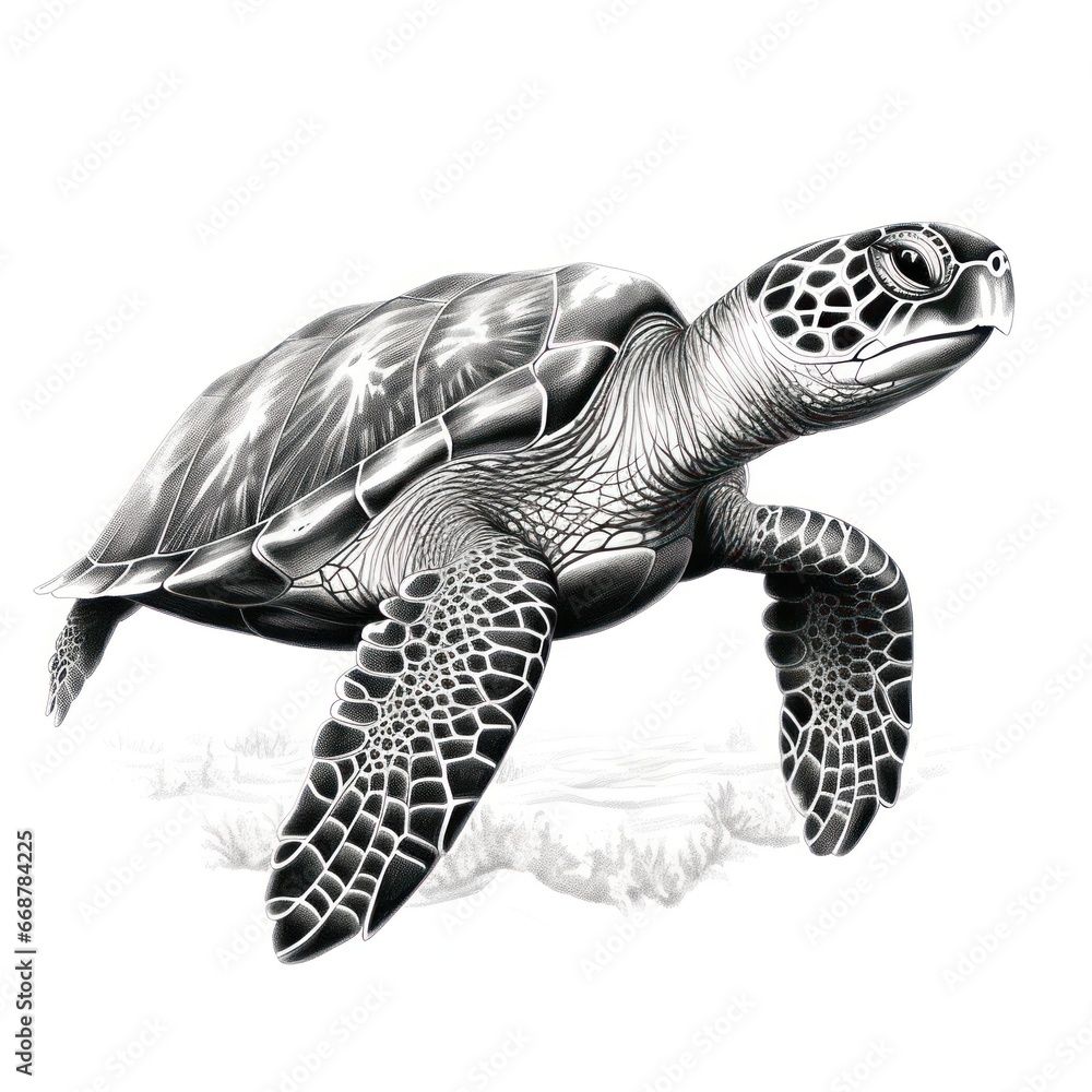 Obraz premium Vintage-Style Sea Turtle Engraving on White: 1800s-Inspired Illustration