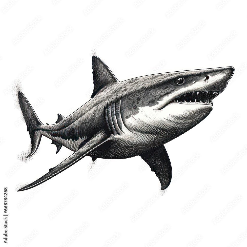 Vintage Shark Engraving in 1800s Style on White Background - Unique Illustration