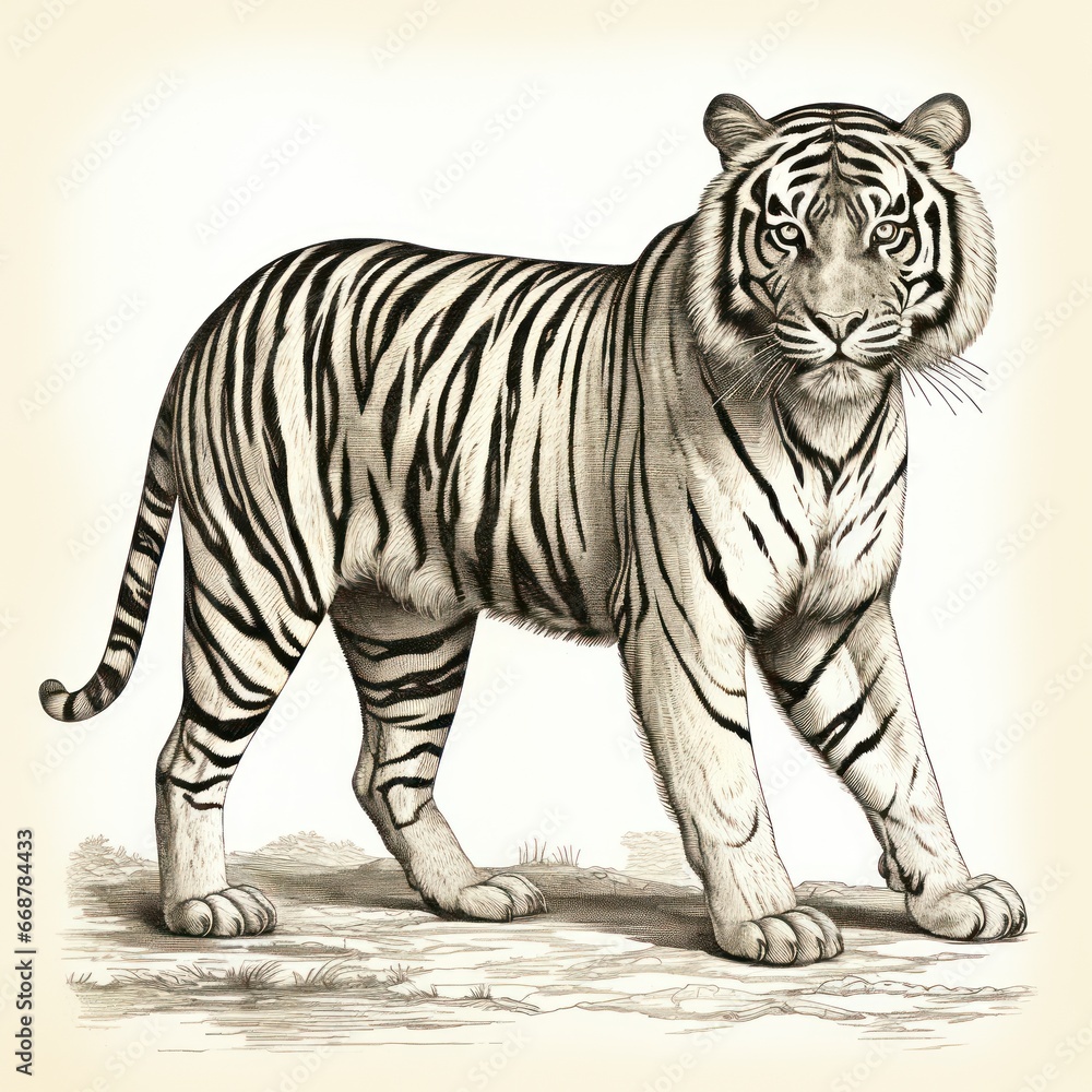 1800s style vintage engraving of South China Tiger on white background.