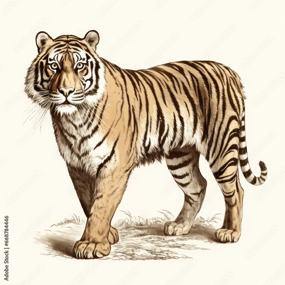 Obraz premium Vintage-style illustration of South China Tiger in 1800s engraving, presented on white background