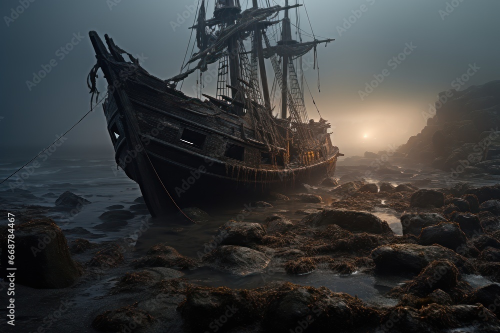 Misty coastline's eerie shipwreck - obrazy, fototapety, plakaty 