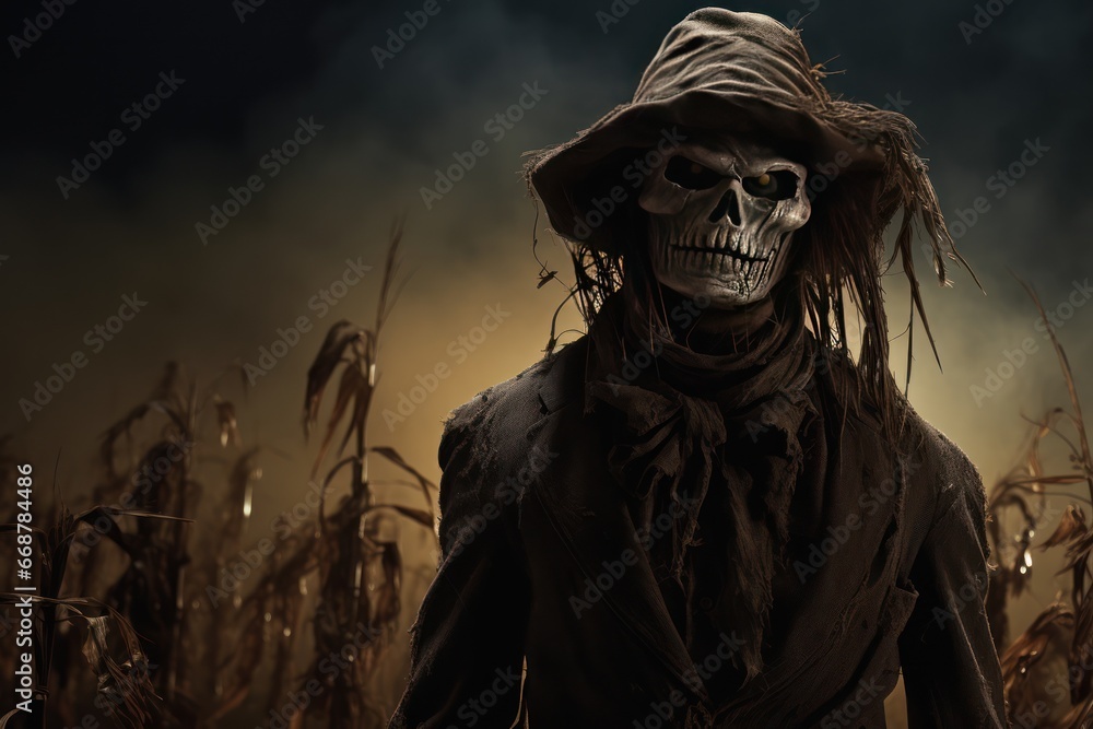 Obraz premium Moonlit cornfield spooks with scarecrow.