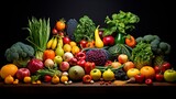A collection of whole, ripe fruits and vegetables artistically arranged in preparation for juicing.