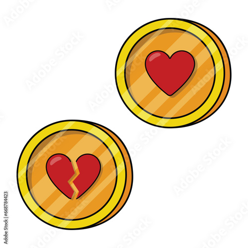Golden coin with isolated heart sign. Cartoon flat