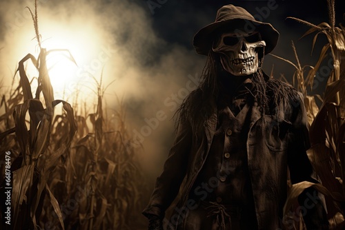 Scary Scarecrow in Night Cornfield.