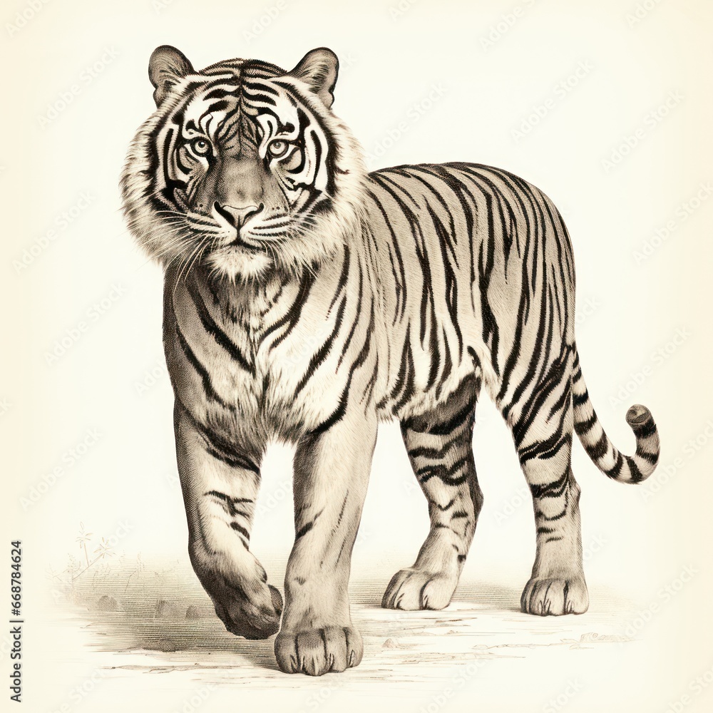 Naklejka premium Vintage Engraving of Sumatran Tiger in 1800s Style on White Background.