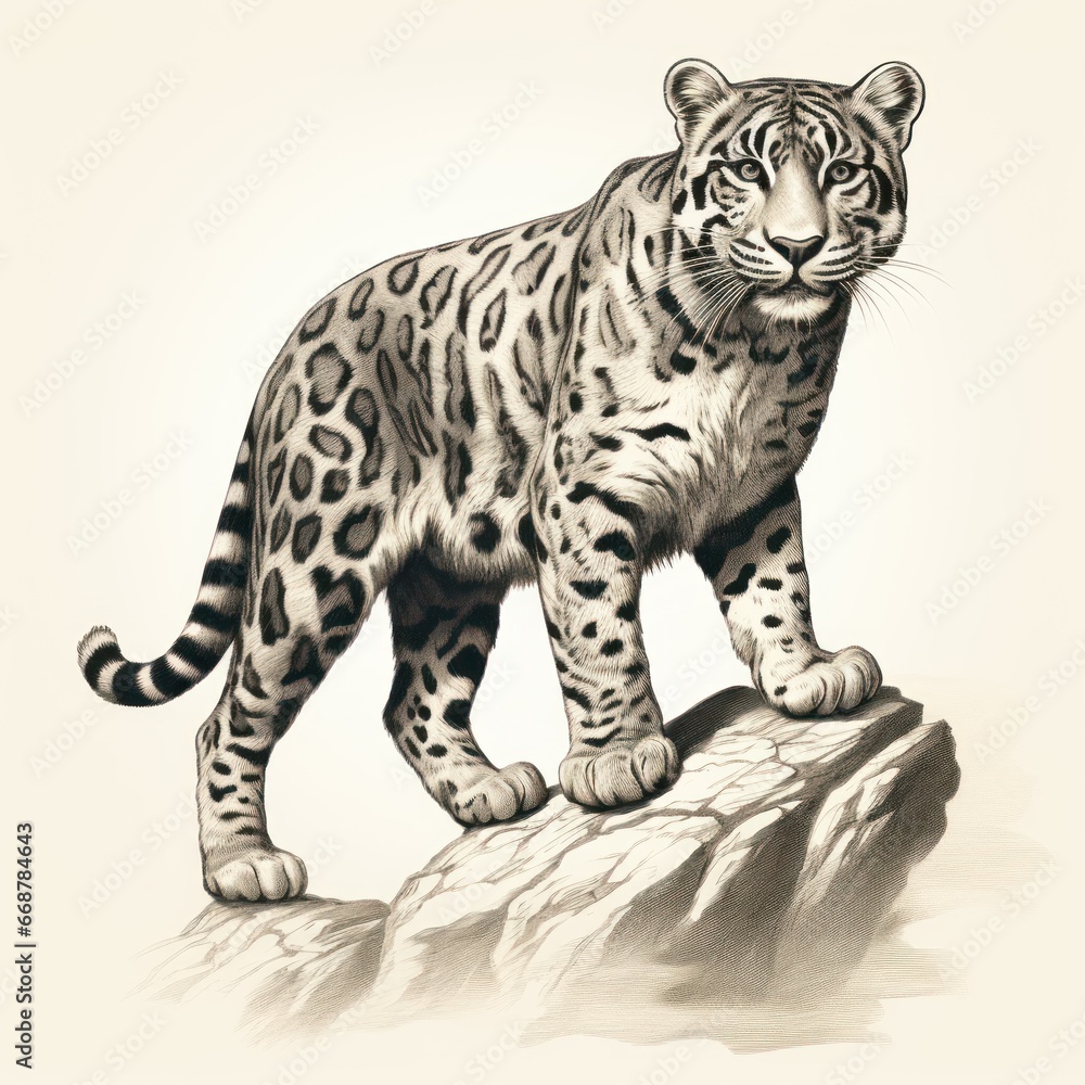 Fototapeta premium 1800s-style engraving of Sunda Clouded Leopard on white.