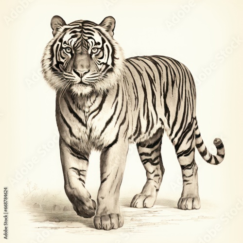 Vintage Engraving of Sumatran Tiger in 1800s Style on White Background. © Morphart