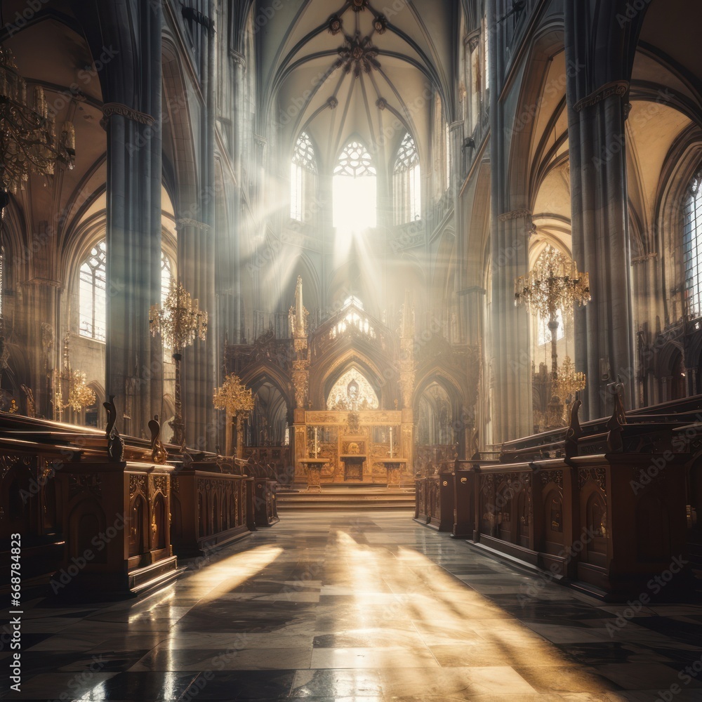 Sun-kissed historic cathedral flaunts intricate architecture.