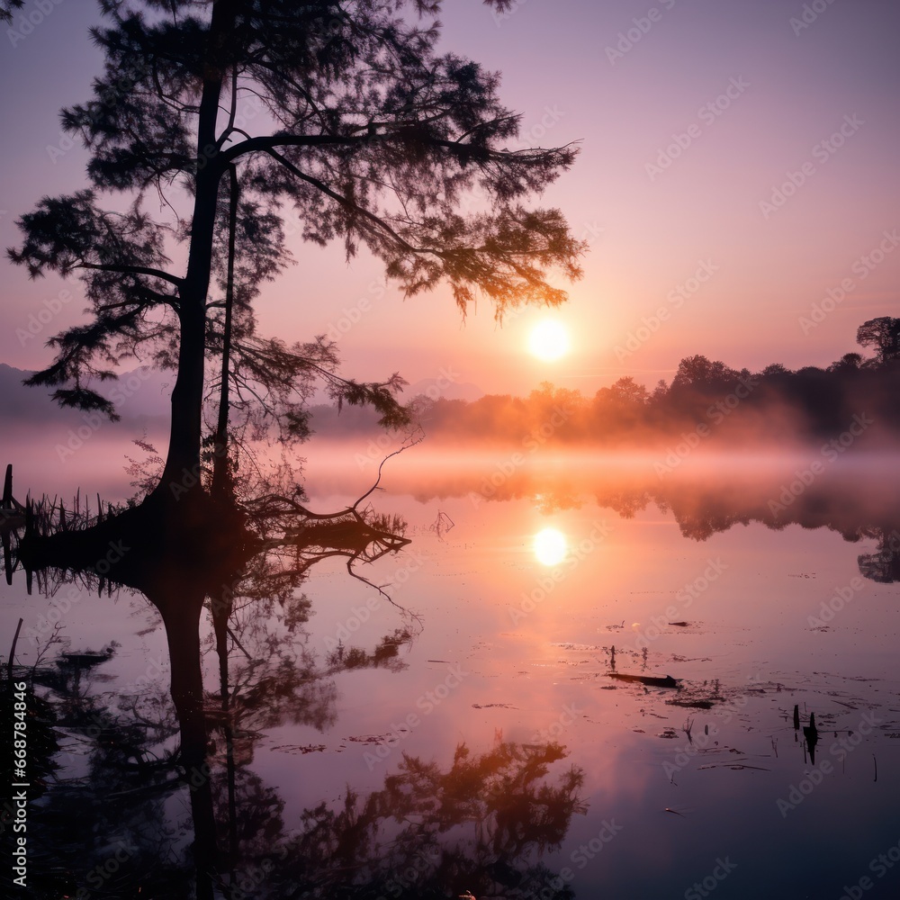 A serene morning sunrise; misty waters.