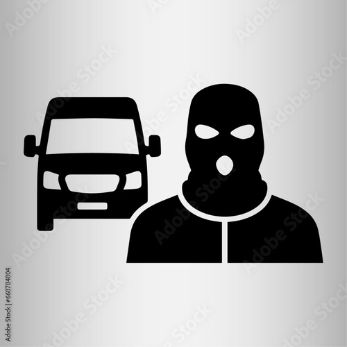 Thief with a car, Car thief icon. Stolen van. Bandit. Crime. Vector icon isolated on grey-white