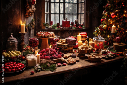 Thanksgiving Food and Dessert for party invitation  Christmas party celebration with dinner meal on table  Happy new year and Xmas scene  wooden table full of food and treats.