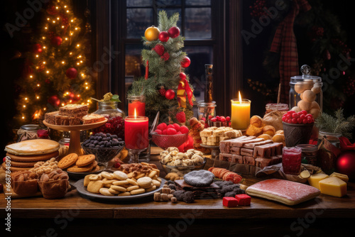 Thanksgiving Food and Dessert for party invitation  Christmas party celebration with dinner meal on table  Happy new year and Xmas scene  wooden table full of food and treats.