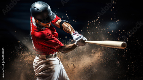 Baseball player in action, motion isolated on black background. Studio shot. photo