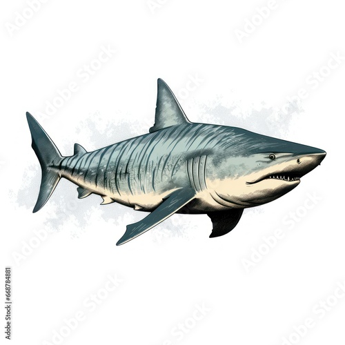 Vintage-style engraving of a Tiger Shark on a white background  reminiscent of 1800s illustrations.