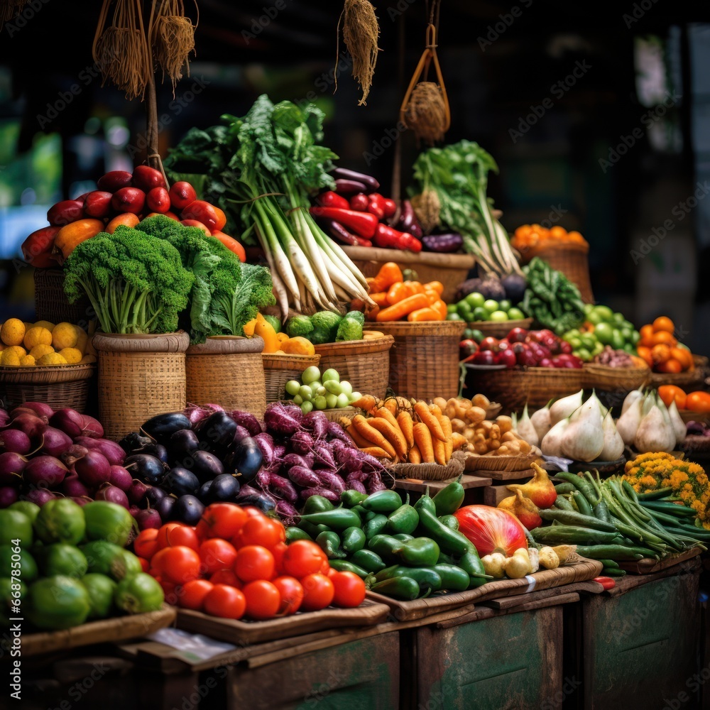Colorful produce on display at lively market stalls.