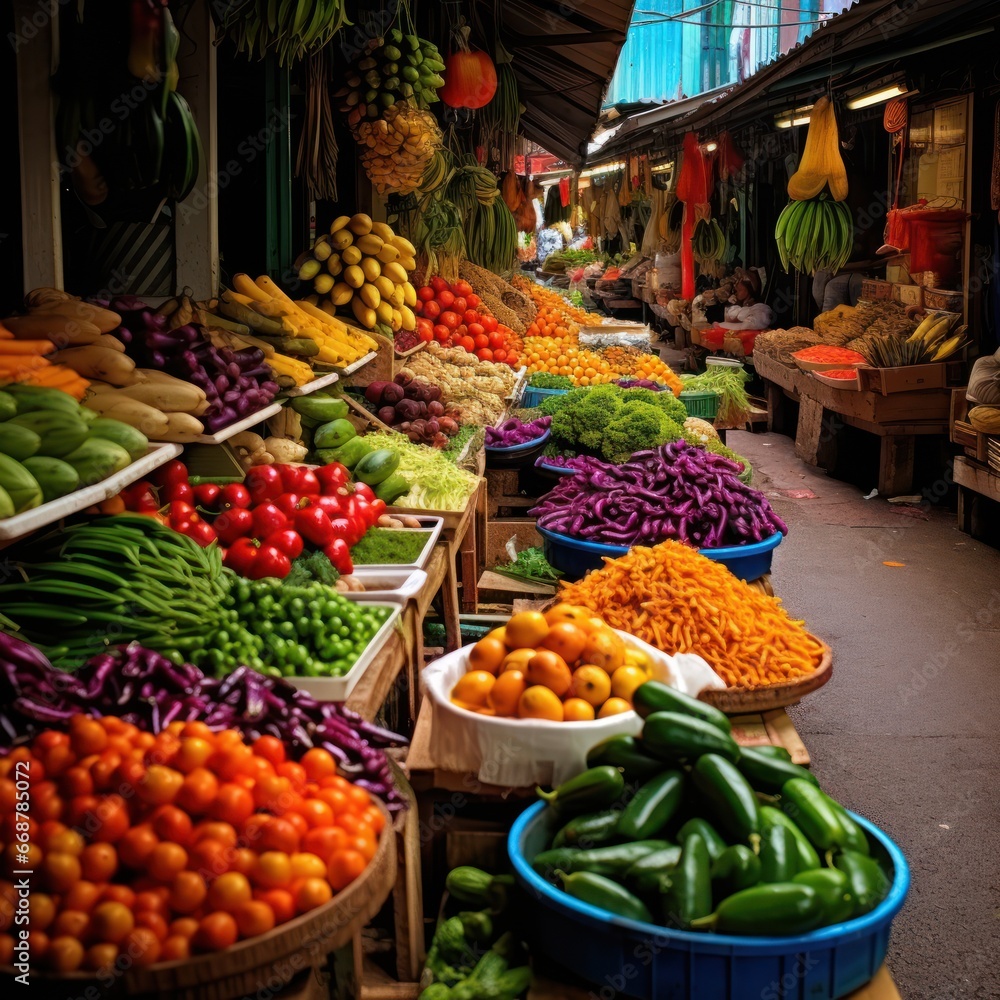 Colorful fruits & vegetables on vibrant market stalls.