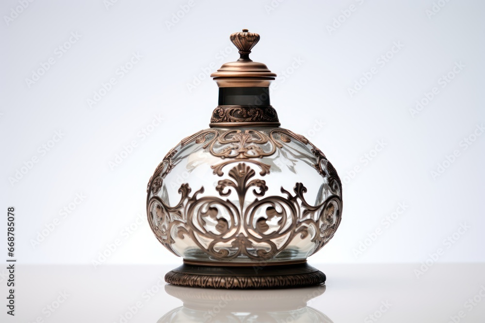 Engraved Victorian inkwell design on white background exudes antique charm. Engraved Victorian inkwell design on white background exudes antique charm.