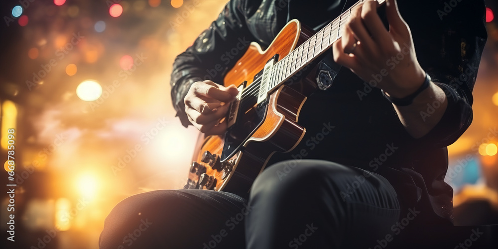 Fototapeta premium Guitarist on stage and sings in a concert for background, soft and blur concept.