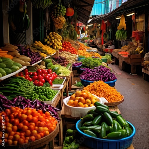 Colorful fruits & vegetables on vibrant market stalls. © Morphart