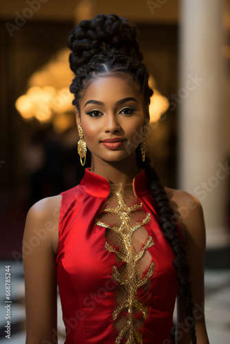 Photo of a young black woman with braided hair, wearing a red silk dress and gold jewels, at a gala event