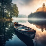 Serene lake's edge: gentle rocking of wooden rowboat.