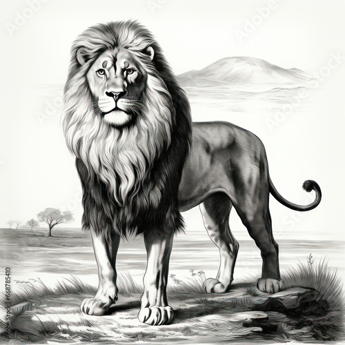 Vintage-style illustrated White Background of West African Lion resembling 1800s engraving
